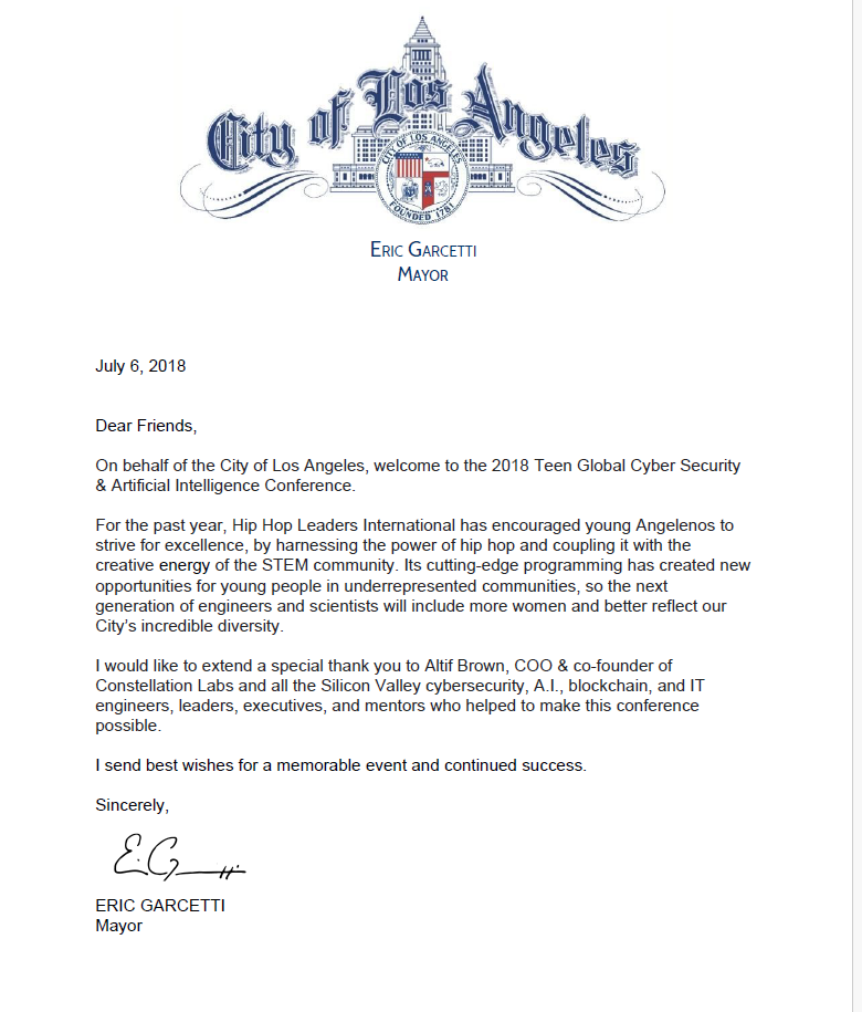 Letter from Los Angeles Mayor Eric Garcetti welcoming the 2018 Teen Global Cyber Security & Artificial Intelligence Conference